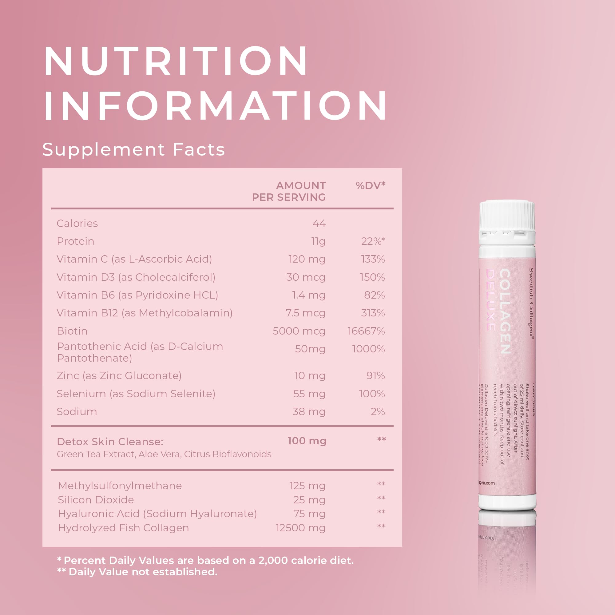 Swedish Collagen Deluxe, 12,500 mg Hydrolyzed Marine Collagen Liquid Supplement - 20 x 25 ml Daily Shots | Hyaluronic Acid, Biotin & Vitamin C for Healthy Hair, Skin, Nails & Joints | Sugar-Free - Maple Wellness Supplements