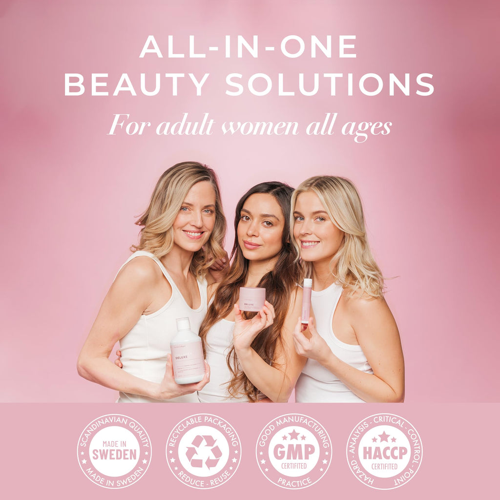 Swedish Collagen Deluxe, 12,500 mg Hydrolyzed Marine Collagen Liquid Supplement - 20 x 25 ml Daily Shots | Hyaluronic Acid, Biotin & Vitamin C for Healthy Hair, Skin, Nails & Joints | Sugar-Free - Maple Wellness Supplements