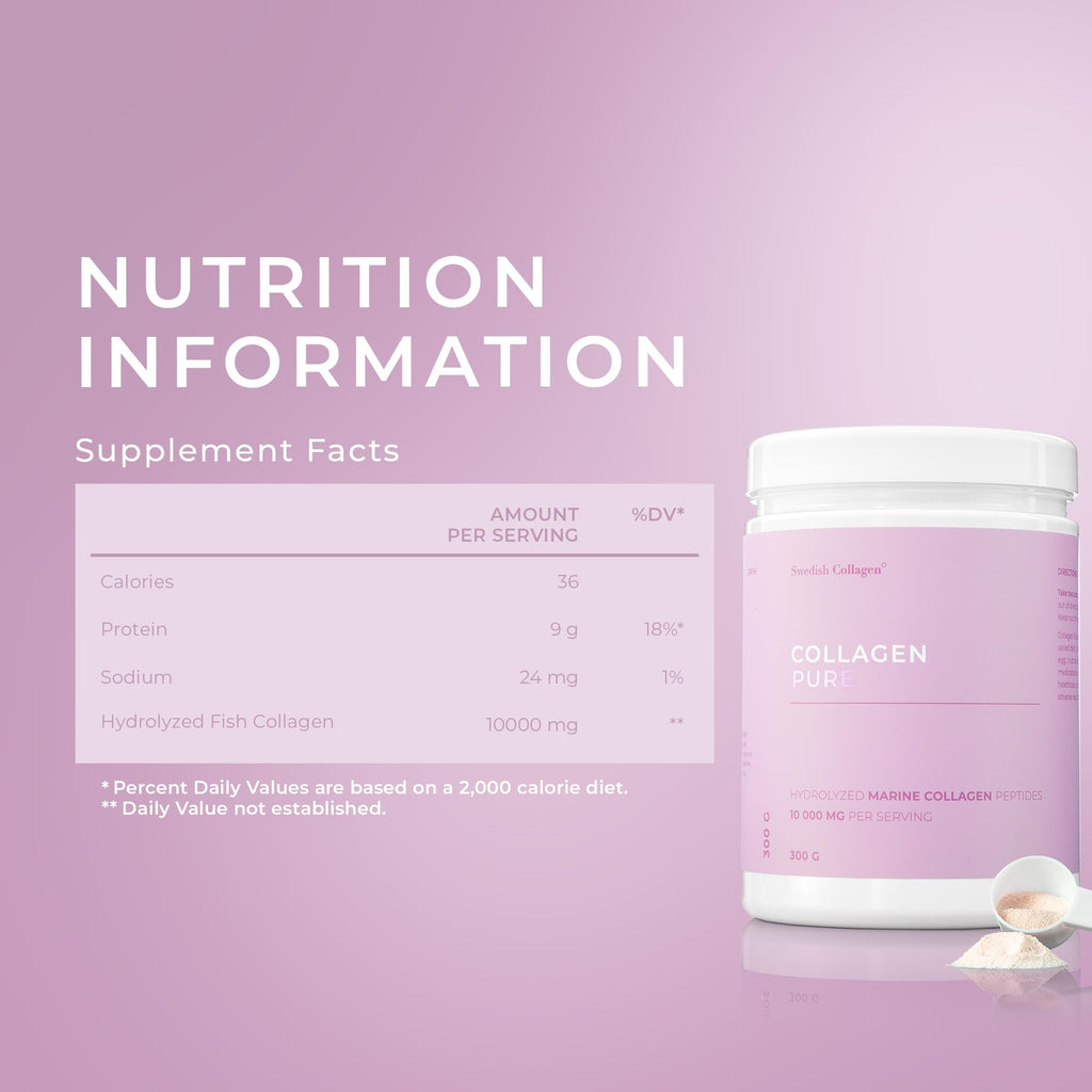 Swedish Collagen - Hydrolyzed Marine Collagen 10,000 mg Powder Supplement - Pack of 300 g, 30 Day Supply | Pure Peptide for Healthy Hair, Skin, Nails & Joints I 100% Natural & Gluten Free | Sugar-Free - Maple Wellness Supplements
