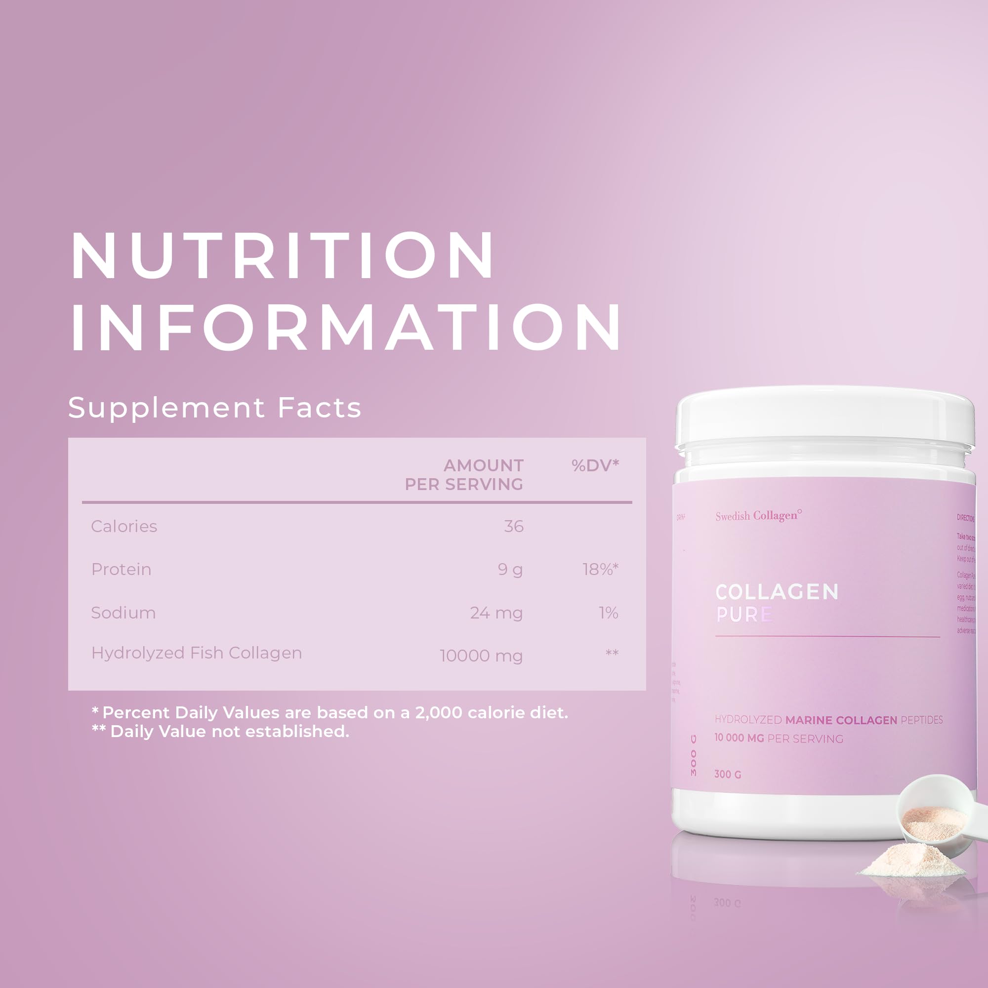 Swedish Collagen - Hydrolyzed Marine Collagen 10,000 mg Powder Supplement - Pack of 300 g, 30 Day Supply | Pure Peptide for Healthy Hair, Skin, Nails & Joints I 100% Natural & Gluten Free | Sugar-Free - Maple Wellness Supplements