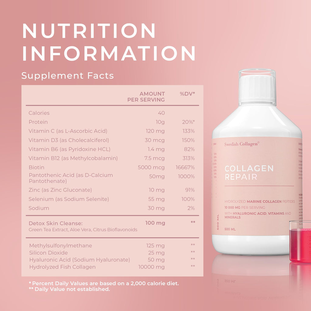 Swedish Collagen Repair | 10,000 mg Hydrolyzed Marine Collagen Liquid Supplement - 500 ml, 20 Day Supply I Hyaluronic Acid, Biotin & Vitamin C for Healthy Hair, Skin, Nails & Joints | Sugar-Free - Maple Wellness Supplements