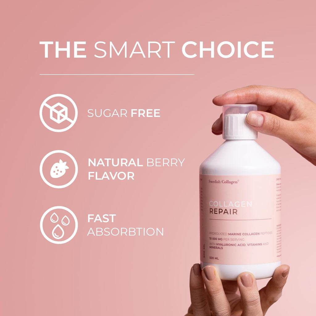 Swedish Collagen Repair | 10,000 mg Hydrolyzed Marine Collagen Liquid Supplement - 500 ml, 20 Day Supply I Hyaluronic Acid, Biotin & Vitamin C for Healthy Hair, Skin, Nails & Joints | Sugar-Free - Maple Wellness Supplements