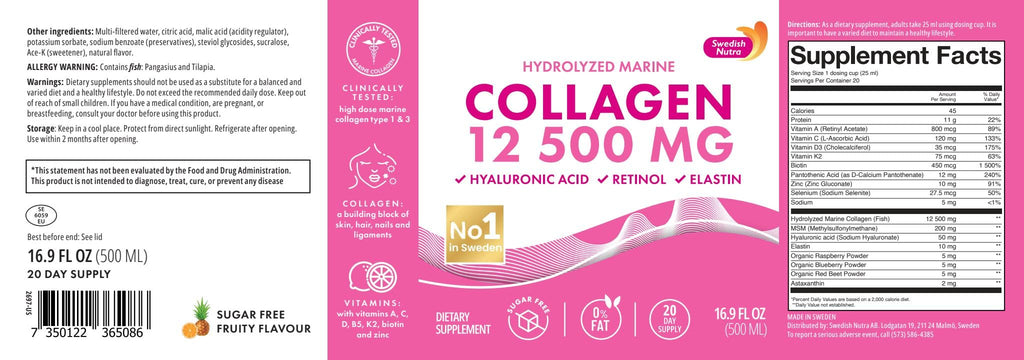 Swedish Nutra 12,500mg Liquid Marine Collagen Hydrolyzed Peptide (Type 1 & 3) | 20 Day Supply, 500 ml | Hyaluronic Acid, Biotin & Vitamins for Hair, Skin, Nails & Joints | For Men & Women | Sugar Free - Maple Wellness Supplements