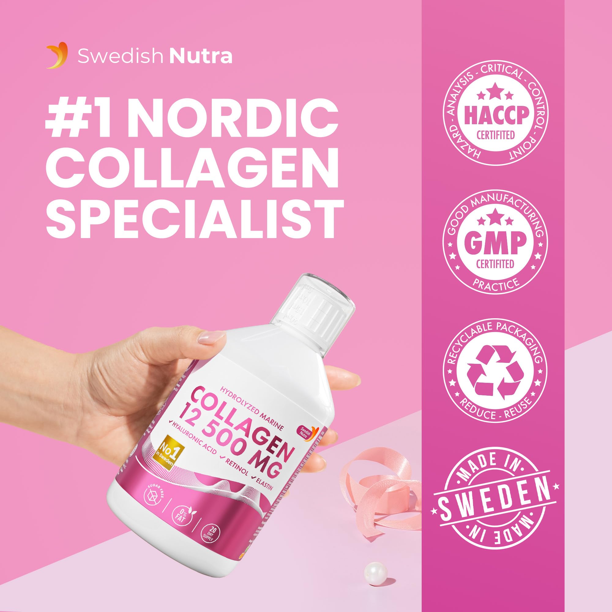 Swedish Nutra 12,500mg Liquid Marine Collagen Hydrolyzed Peptide (Type 1 & 3) | 20 Day Supply, 500 ml | Hyaluronic Acid, Biotin & Vitamins for Hair, Skin, Nails & Joints | For Men & Women | Sugar Free - Maple Wellness Supplements