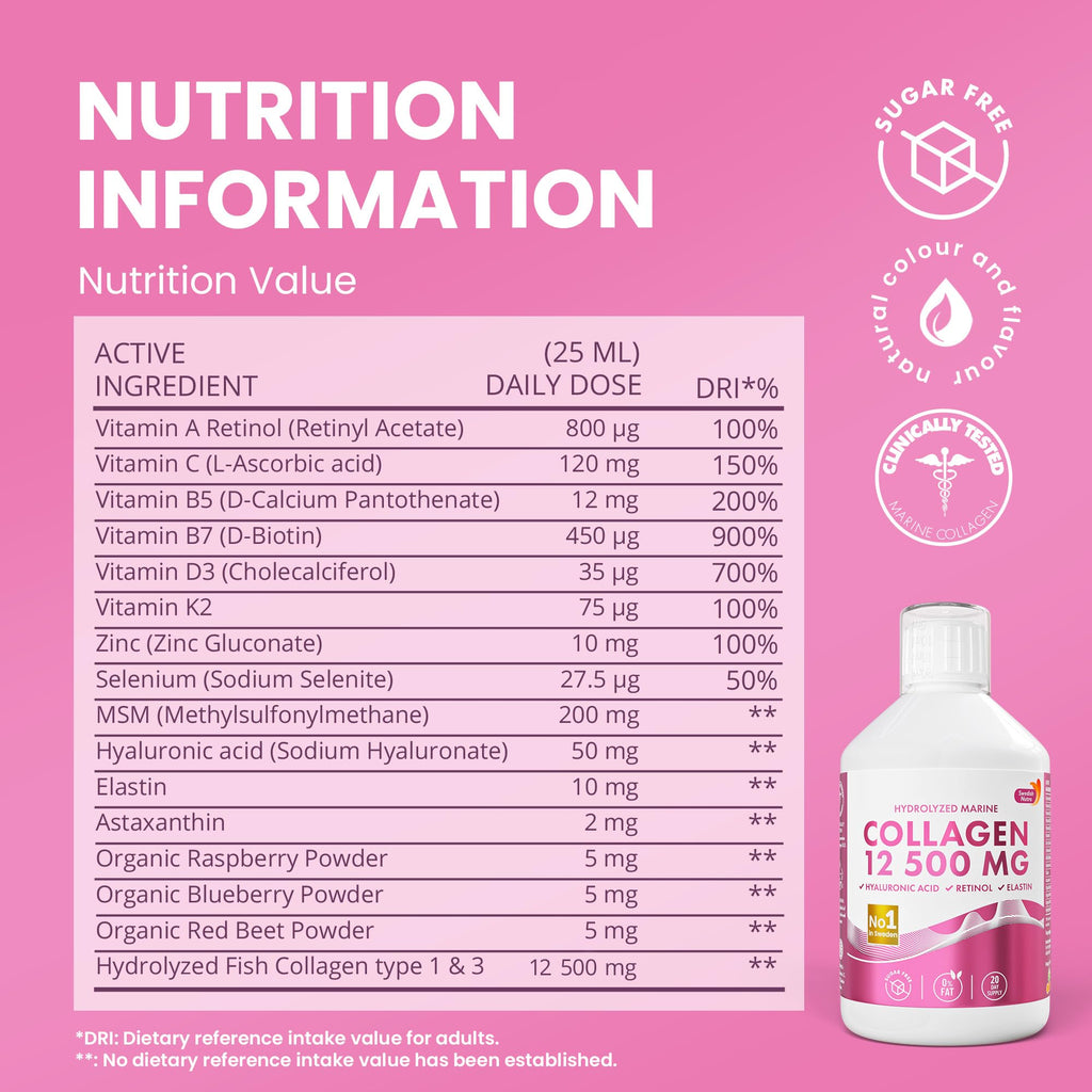 Swedish Nutra 12,500mg Liquid Marine Collagen Hydrolyzed Peptide (Type 1 & 3) | 20 Day Supply, 500 ml | Hyaluronic Acid, Biotin & Vitamins for Hair, Skin, Nails & Joints | For Men & Women | Sugar Free - Maple Wellness Supplements