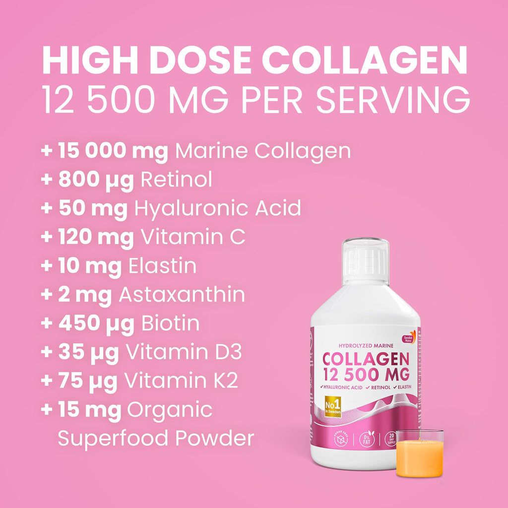 Swedish Nutra 12,500mg Liquid Marine Collagen Hydrolyzed Peptide (Type 1 & 3) | 20 Day Supply, 500 ml | Hyaluronic Acid, Biotin & Vitamins for Hair, Skin, Nails & Joints | For Men & Women | Sugar Free - Maple Wellness Supplements