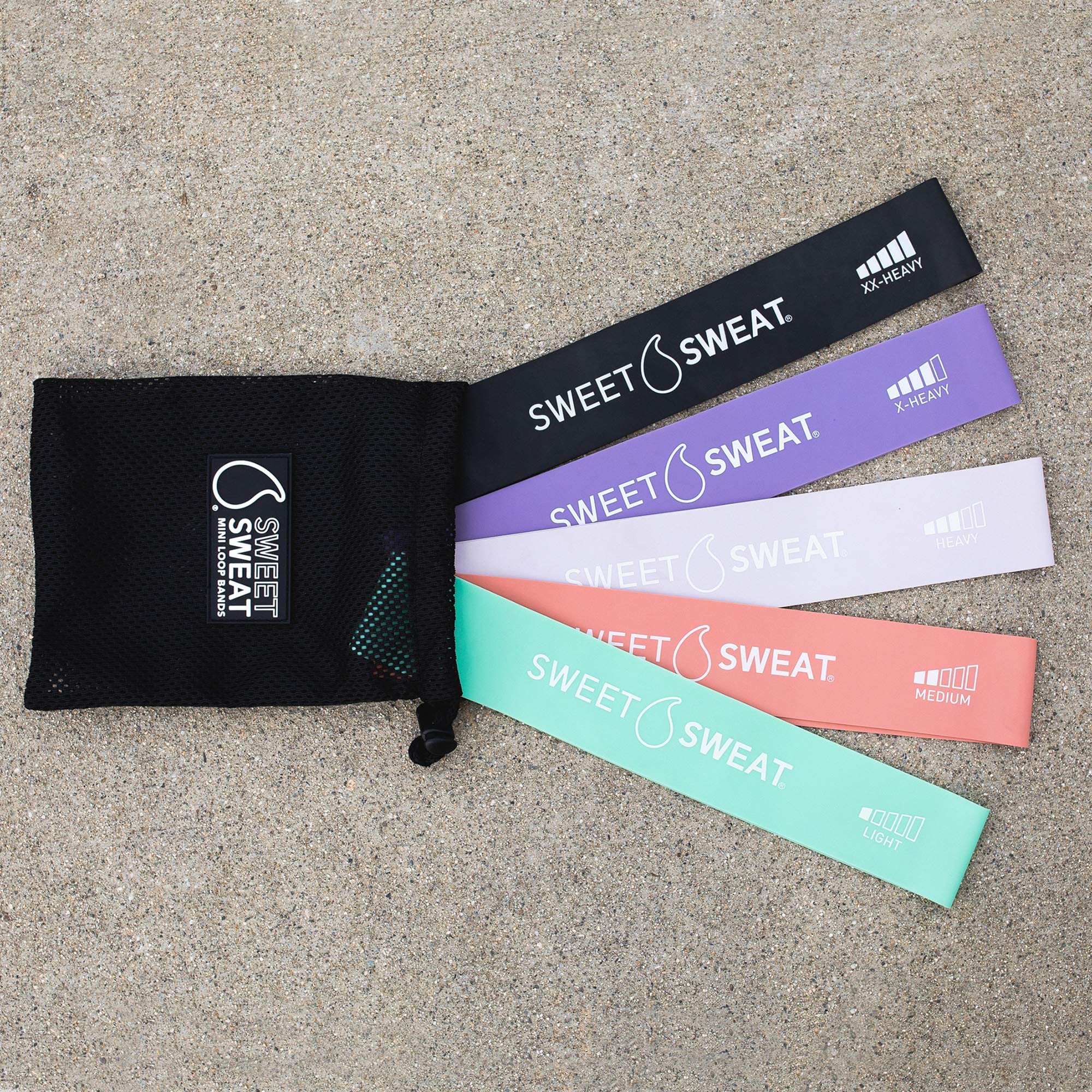 Sweet Sweat Mini Loop Resistance Bands - Set of 5 | Exercise Hip Booty Bands for Squats, Lunges, Physical Therapy, Yoga, Pilates, Rehab & Home or Gym Workouts - Maple Wellness Supplements