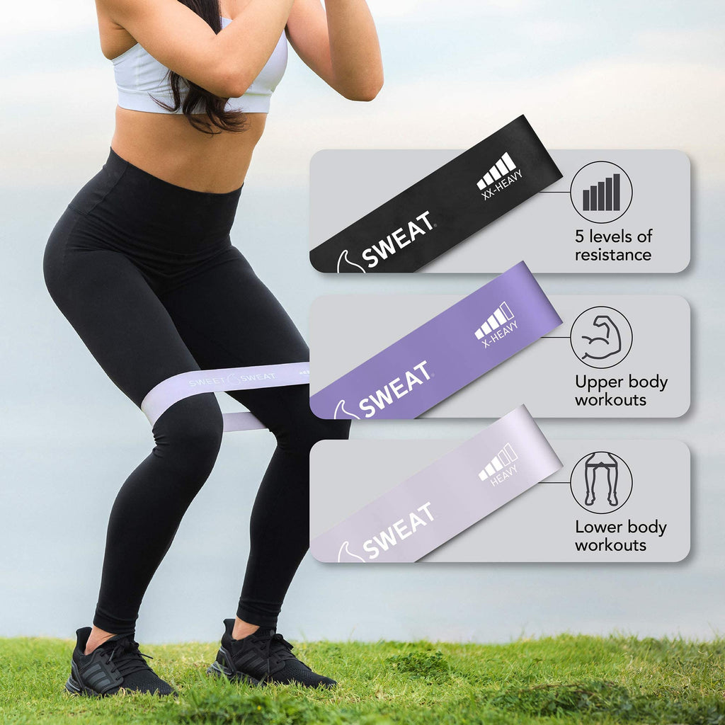 Sweet Sweat Mini Loop Resistance Bands - Set of 5 | Exercise Hip Booty Bands for Squats, Lunges, Physical Therapy, Yoga, Pilates, Rehab & Home or Gym Workouts - Maple Wellness Supplements