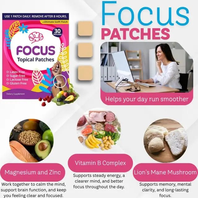 Swift Patch Focus Patch for Adults (30 Day Supply) + Proprietary Blend (Men and Women) - Help Kids and Adults Focus with Patches 22 Ingredients with Proprietary Formula - TrustMedUSA