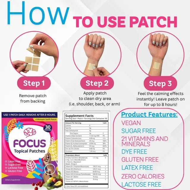 Swift Patch Focus Patch for Adults (30 Day Supply) + Proprietary Blend (Men and Women) - Help Kids and Adults Focus with Patches 22 Ingredients with Proprietary Formula - TrustMedUSA