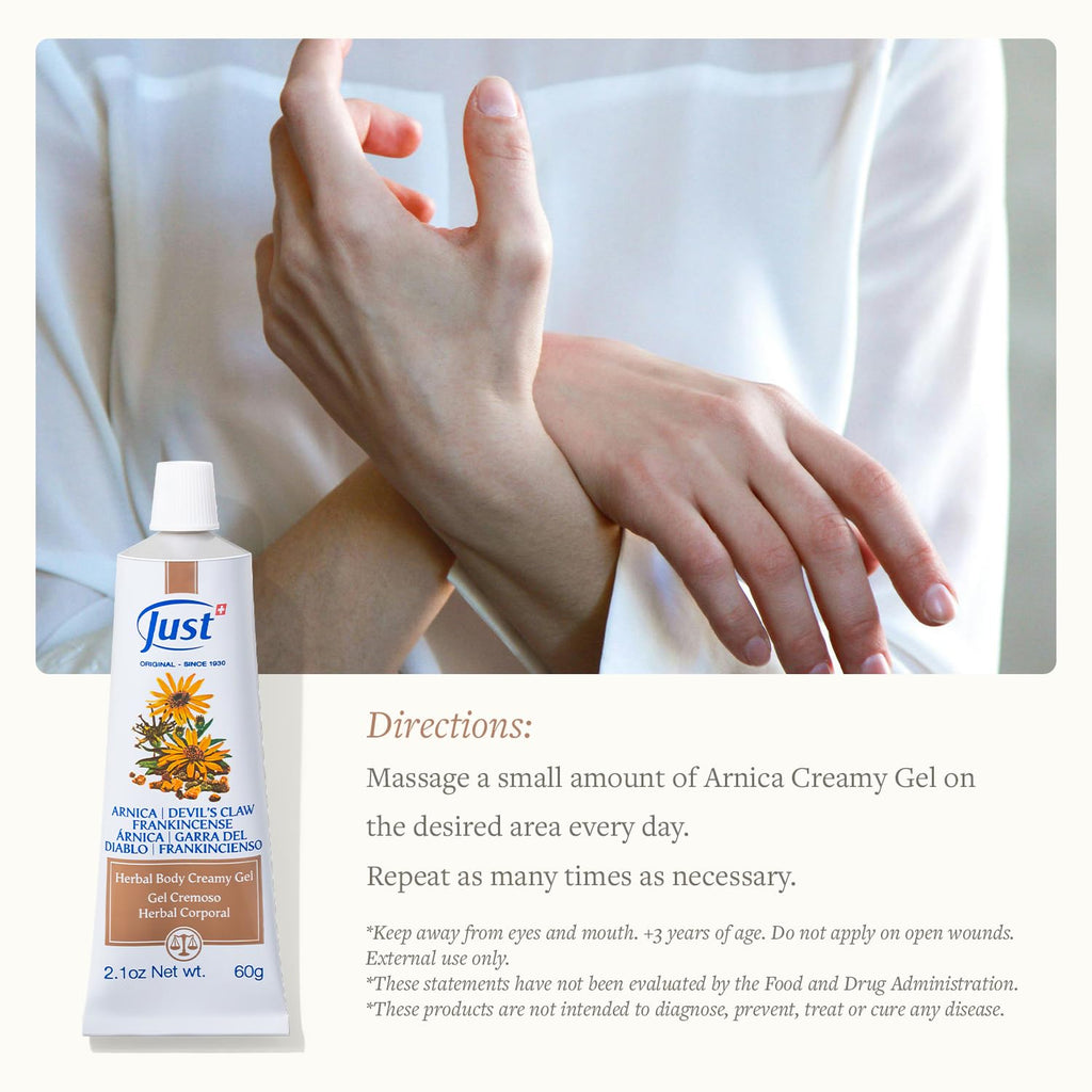 Swiss Just Arnica Gel, Arnica Creamy Gel 60g. Arnica Cream w/Devils Claw & Frankincense Oil. A Gentle Massage Cream on Wrists, Fingers, Knees, Ankles, Joints, Waist, Neck, and Back. - TrustMedUSA