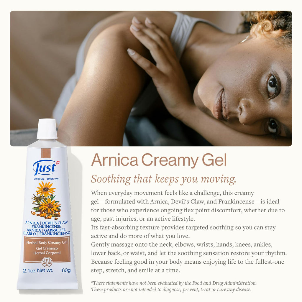 Swiss Just Arnica Gel, Arnica Creamy Gel 60g. Arnica Cream w/Devils Claw & Frankincense Oil. A Gentle Massage Cream on Wrists, Fingers, Knees, Ankles, Joints, Waist, Neck, and Back. - TrustMedUSA