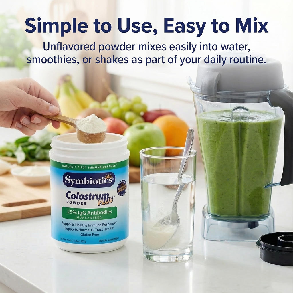 Symbiotics Colostrum Plus Powder 2.25 oz – Immune & Muscle Recovery Support, 25% IgG Immunoglobulins, Gut Health & Training Resilience, Unflavored, Gluten Free - 2.25 oz - TrustMedUSA