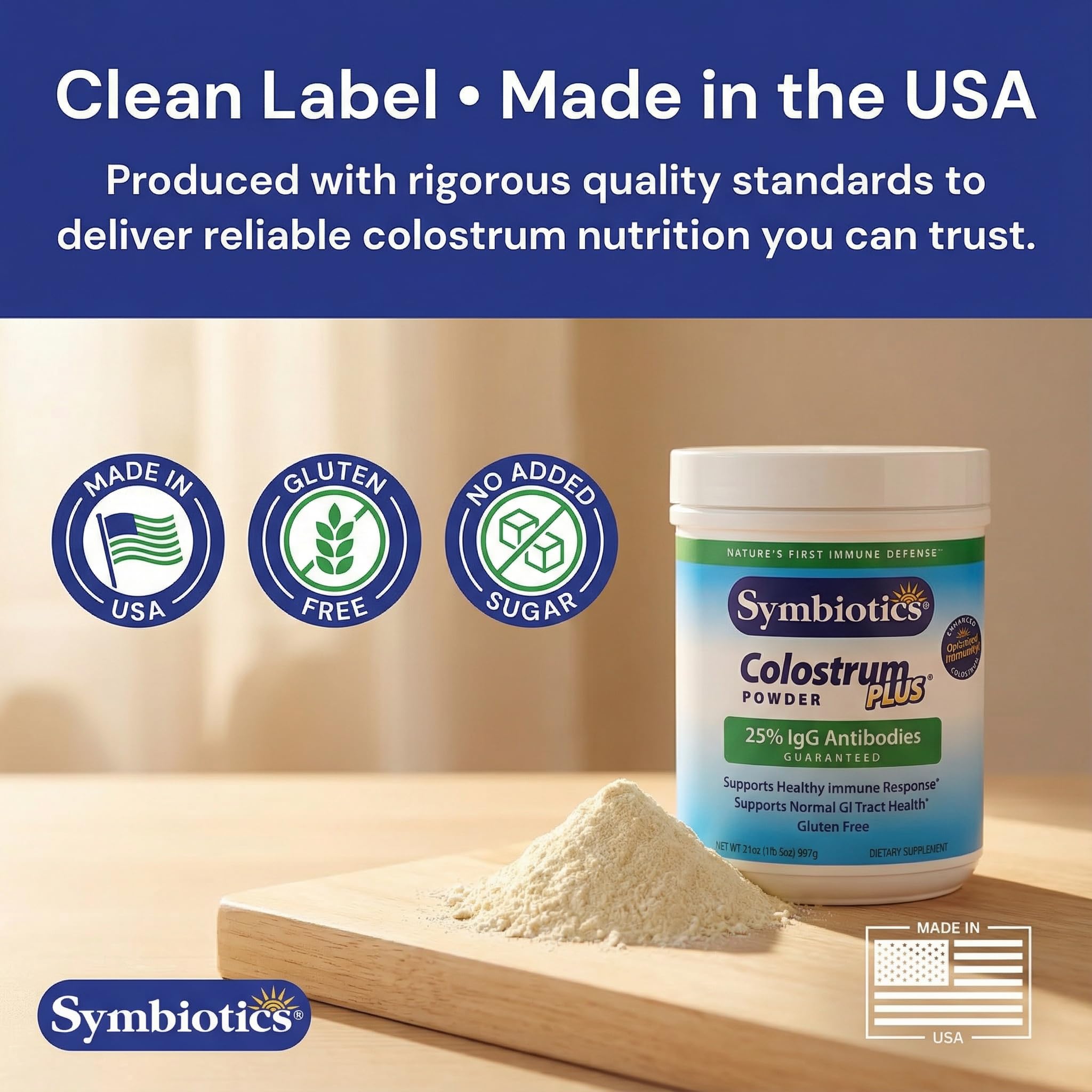 Symbiotics Colostrum Plus Powder 2.25 oz – Immune & Muscle Recovery Support, 25% IgG Immunoglobulins, Gut Health & Training Resilience, Unflavored, Gluten Free - 2.25 oz - TrustMedUSA