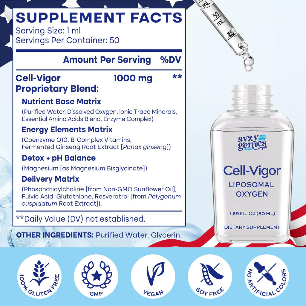 SYZY GENICS Liquid Oxygen Drops – 13-in-1 Oxygen Boost Liposomal Formula with CoQ10, B Vitamins, Ginseng, Glutathione & Resveratrol – High Absorption Energy & Immune Support – 1.69 fl oz - TrustMedUSA