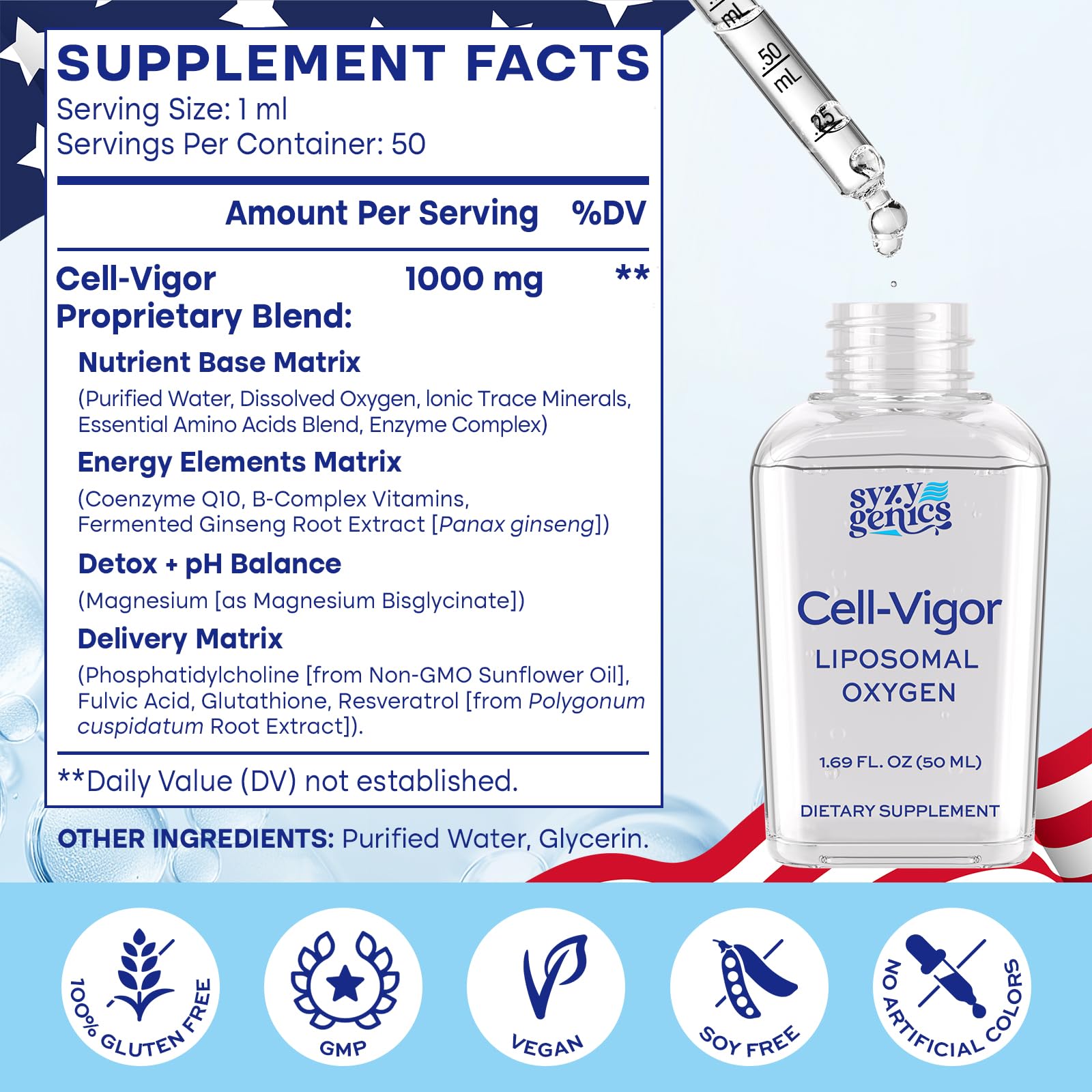 SYZY GENICS Liquid Oxygen Drops – 13-in-1 Oxygen Boost Liposomal Formula with CoQ10, B Vitamins, Ginseng, Glutathione & Resveratrol – High Absorption Energy & Immune Support – 1.69 fl oz - TrustMedUSA