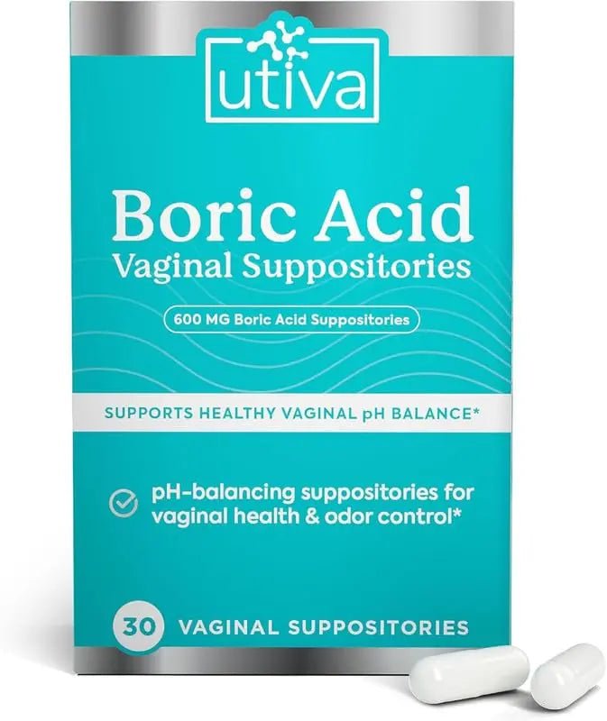 Szio+ Utiva Boric Acid Suppositories for Women - pH Balance - Feminine Care - 600mg Boric Acid to Lower pH and Support Vaginal Health, BV Treatment for Women, 30 Vaginal Suppositories - TrustMedUSA