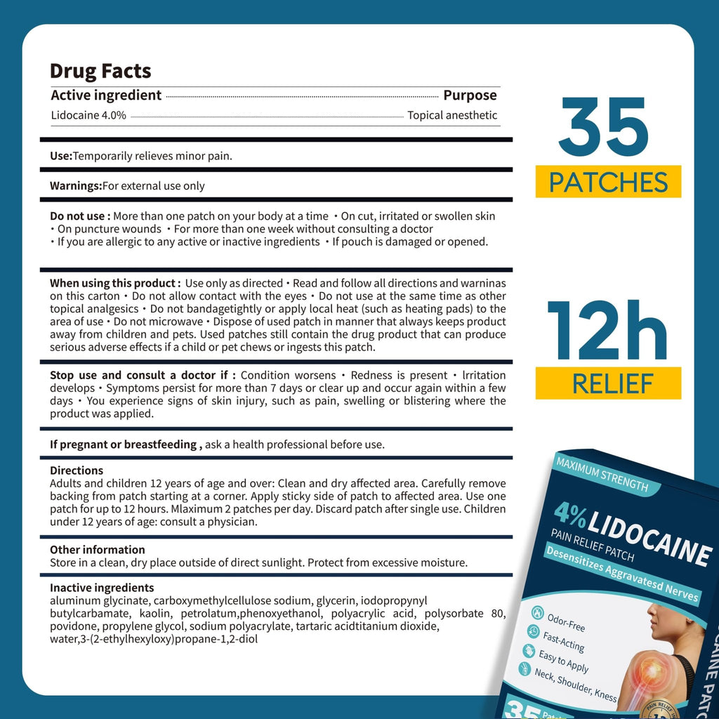 SZLGANG 4% Lidocaine Pain Relief Patches - (Large, 35, Count) Maximum Strength Relief for Back, Neck, Shoulder, Joint & Muscle Pain, 3.9”x 5.5”-03277 - TrustMedUSA