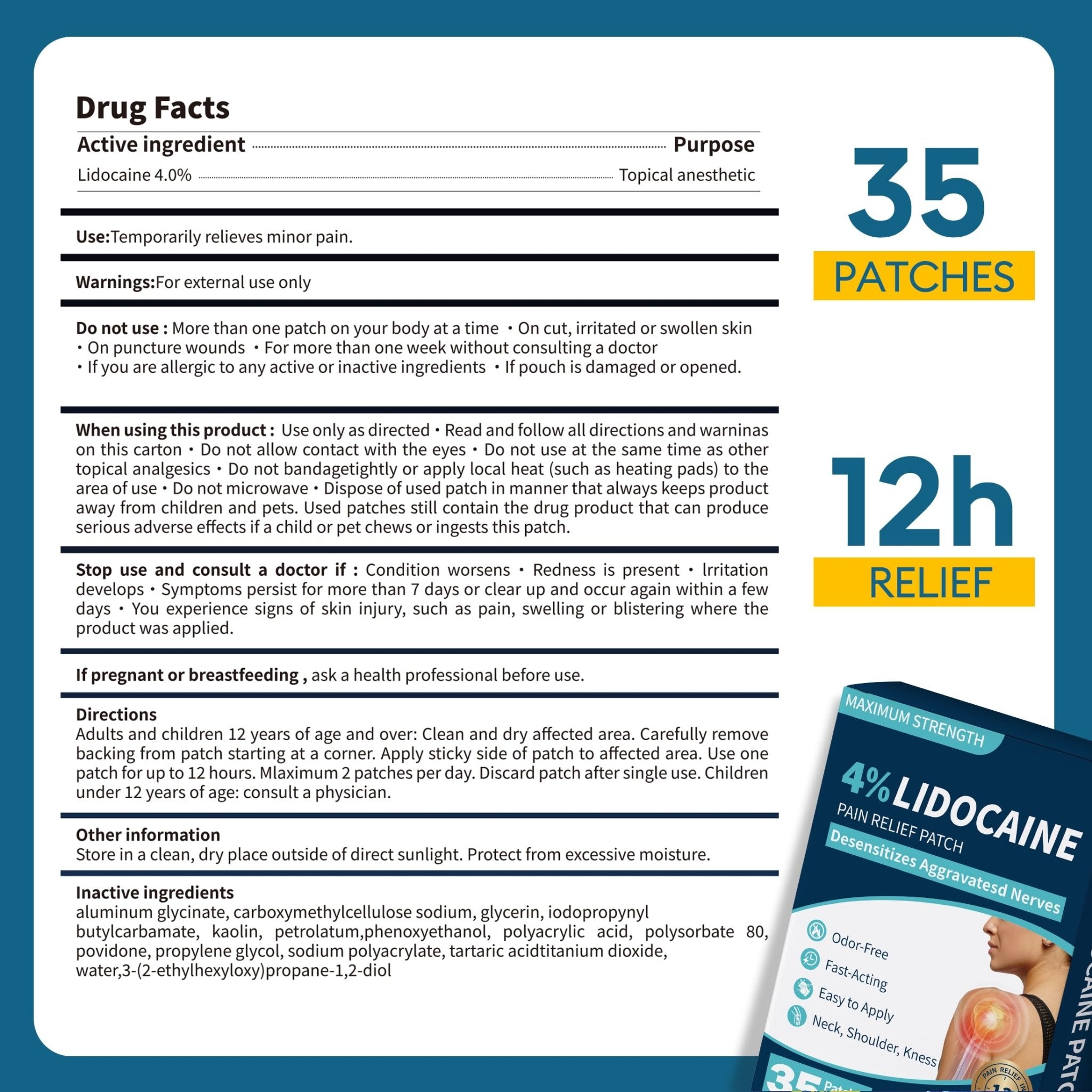 SZLGANG 4% Lidocaine Pain Relief Patches - (Large, 35, Count) Maximum Strength Relief for Back, Neck, Shoulder, Joint & Muscle Pain, 3.9”x 5.5”-03277 - TrustMedUSA