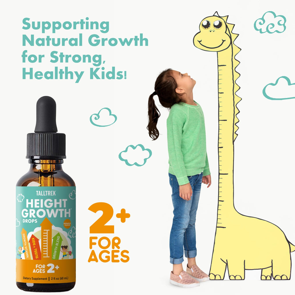 TallTrek Height Growth Supplement Drops for Kids - Teens Bone Growth Height Increase and Maximizer Immune Health Drops with Vitamins D3 K2 Zinc & Calcium - Gluten Free Vegan Pineapple Flavor - TrustMedUSA