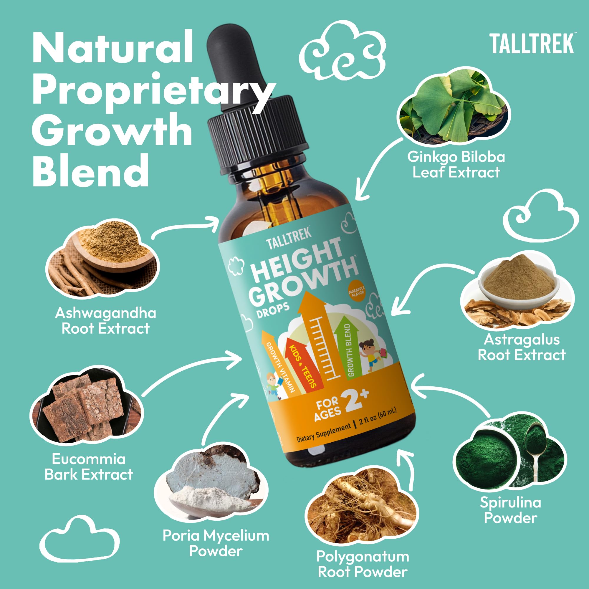 TallTrek Height Growth Supplement Drops for Kids - Teens Bone Growth Height Increase and Maximizer Immune Health Drops with Vitamins D3 K2 Zinc & Calcium - Gluten Free Vegan Pineapple Flavor - TrustMedUSA