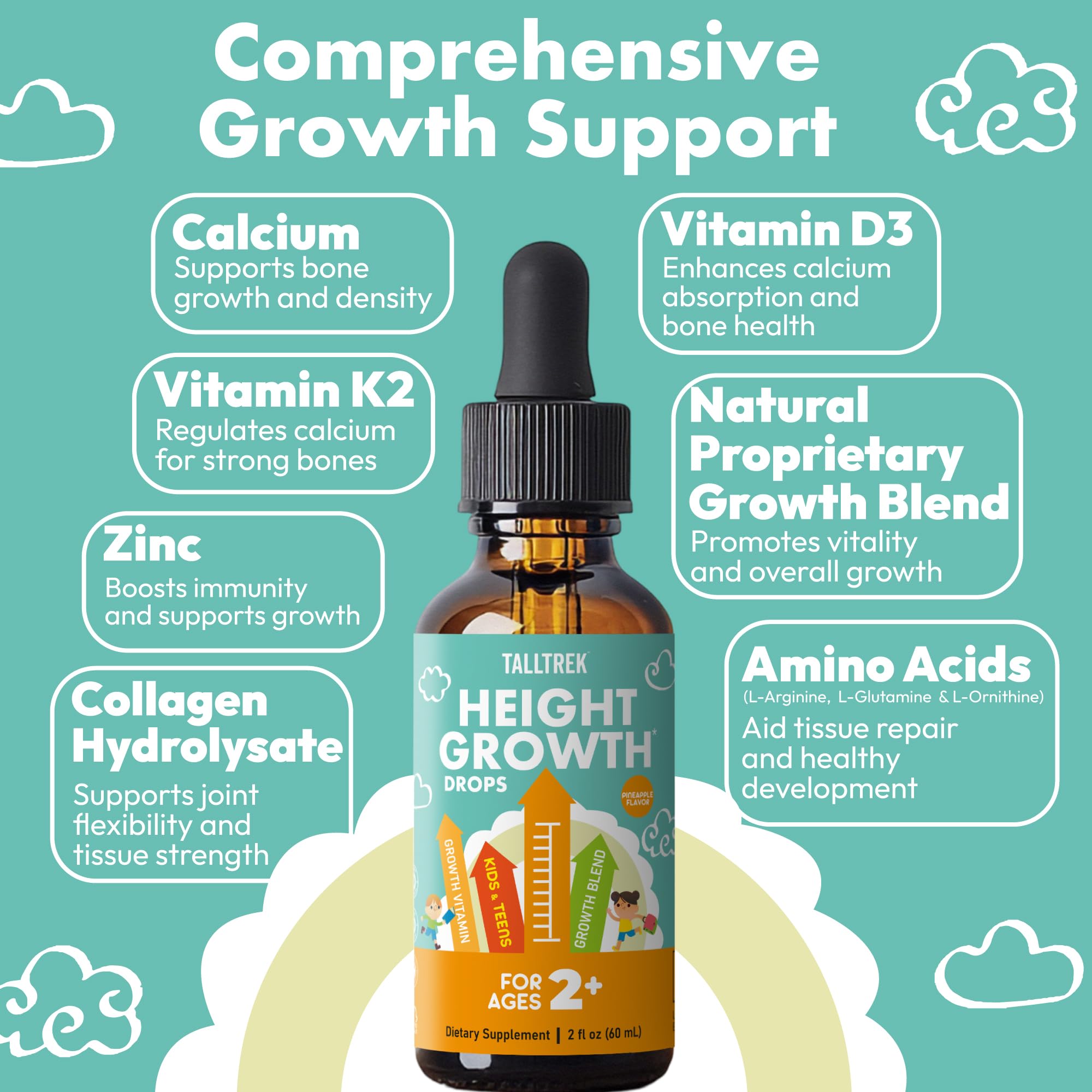 TallTrek Height Growth Supplement Drops for Kids - Teens Bone Growth Height Increase and Maximizer Immune Health Drops with Vitamins D3 K2 Zinc & Calcium - Gluten Free Vegan Pineapple Flavor - TrustMedUSA