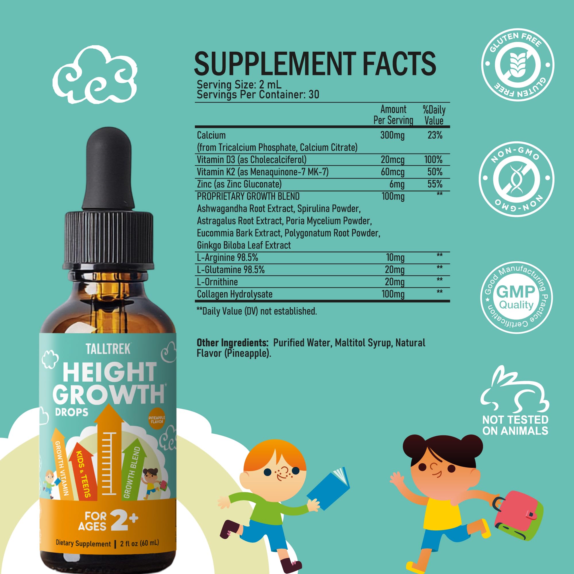 TallTrek Height Growth Supplement Drops for Kids - Teens Bone Growth Height Increase and Maximizer Immune Health Drops with Vitamins D3 K2 Zinc & Calcium - Gluten Free Vegan Pineapple Flavor - TrustMedUSA