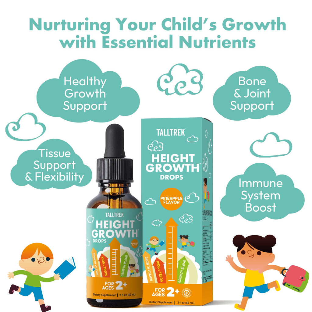 TallTrek Height Growth Supplement Drops for Kids - Teens Bone Growth Height Increase and Maximizer Immune Health Drops with Vitamins D3 K2 Zinc & Calcium - Gluten Free Vegan Pineapple Flavor - TrustMedUSA