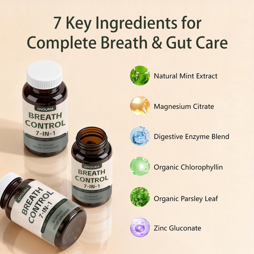 TANSPRESSO ovouria Breath & Gut Balance Capsules - 7-in-1 Formula with Probiotics, Zinc Gluconate & Magnesium Citrate for Fresh Breath, Chronic Halitosis Relief & Digestive Wellness, 60 Count(1pc) - TrustMedUSA