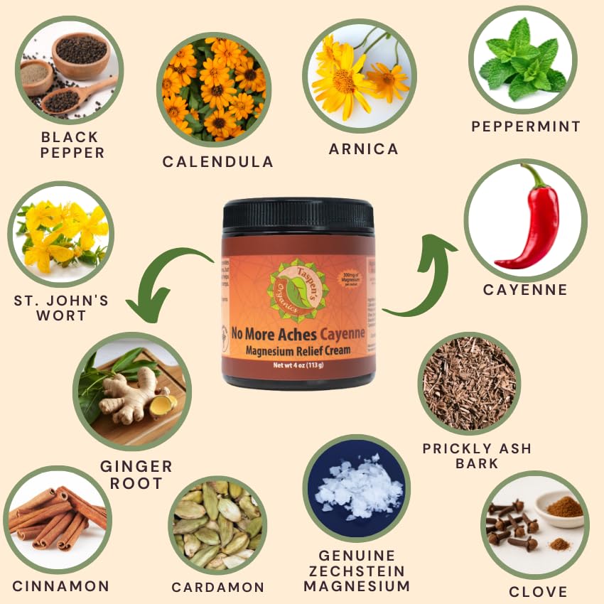 Taspen's Organics Magnesium No More Aches Cayenne Relief Cream – Pain, Tension & Nerve Comfort – Muscle Relief – Warming with Cayenne, Ginger, Arnica & St. John's Wort – Topical Fast Relief (1.7 oz) - TrustMedUSA