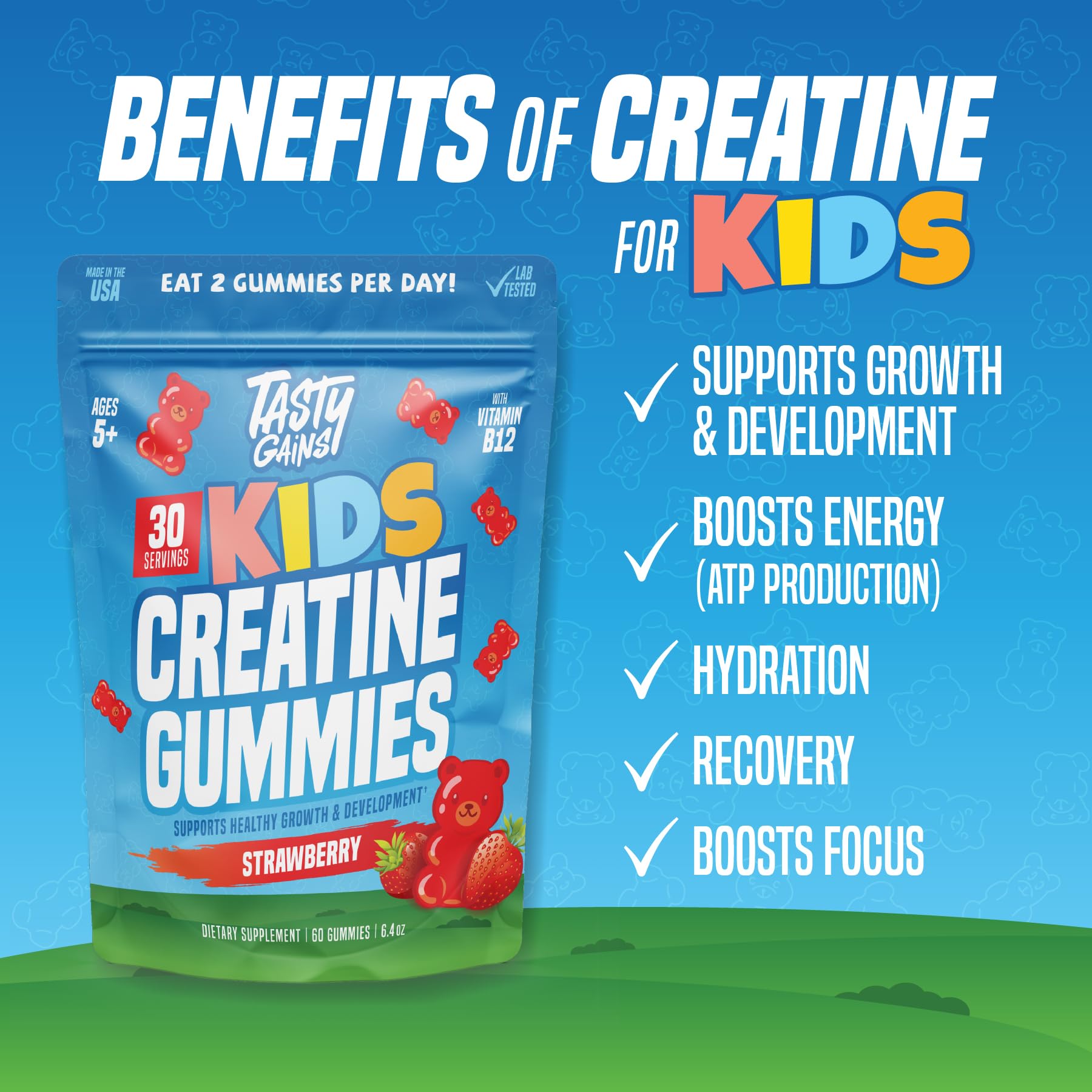 TASTY GAINS Kids & Teen Creatine Gummies with Vitamin B12 for Growth Support, Easy Chew Daily Supplement, Gummy Vitamins for Kids and Teens, Ages 5+ - TrustMedUSA