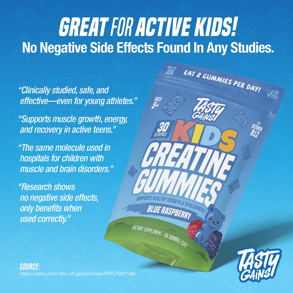 TASTY GAINS Kids & Teen Creatine Gummies with Vitamin B12 for Growth Support, Easy Chew Daily Supplement, Gummy Vitamins for Kids and Teens, Ages 5+ - TrustMedUSA