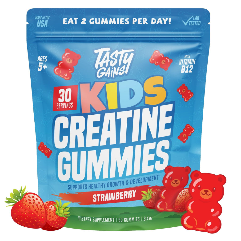 TASTY GAINS Kids & Teen Creatine Gummies with Vitamin B12 for Growth Support, Easy Chew Daily Supplement, Gummy Vitamins for Kids and Teens, Ages 5+ - TrustMedUSA