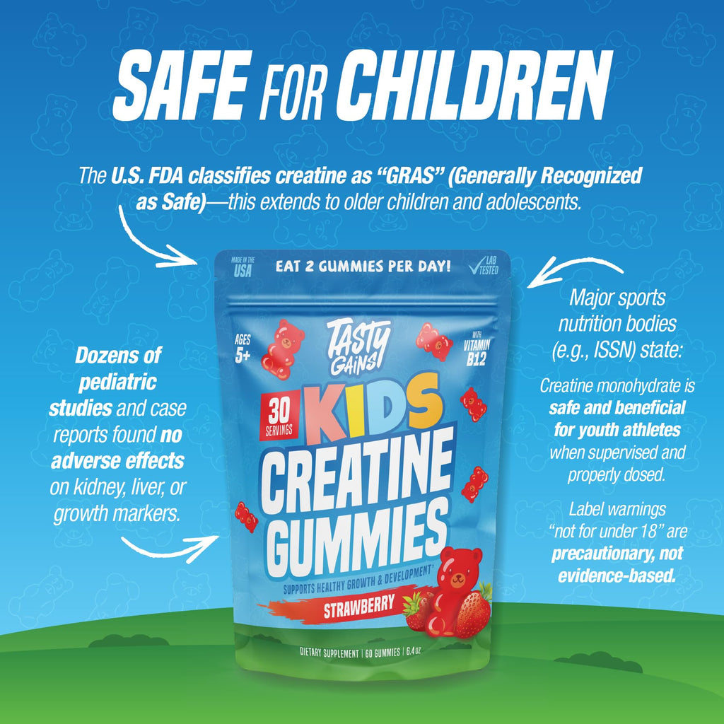 TASTY GAINS Kids & Teen Creatine Gummies with Vitamin B12 for Growth Support, Easy Chew Daily Supplement, Gummy Vitamins for Kids and Teens, Ages 5+ - TrustMedUSA