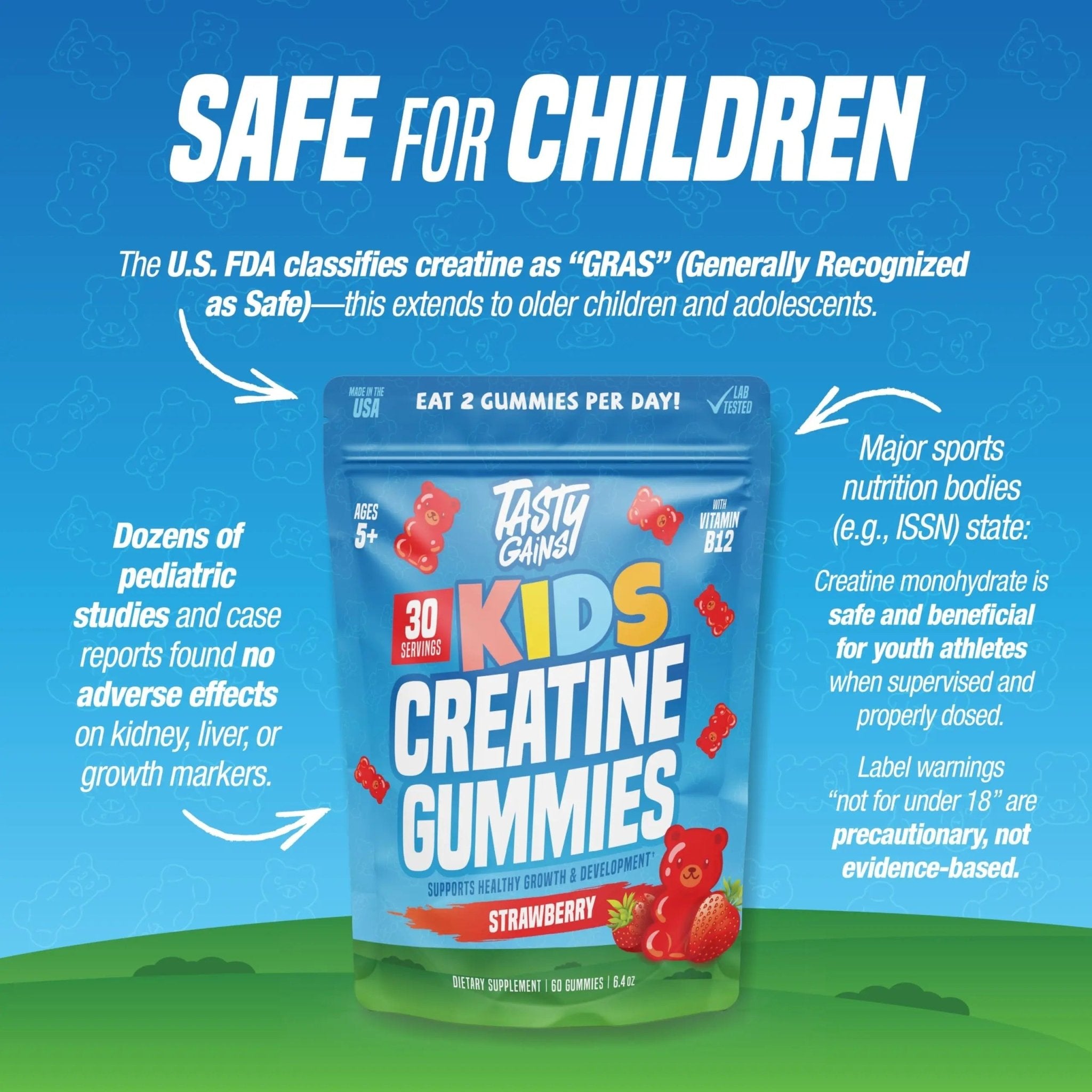 TASTY GAINS Kids & Teen Creatine Gummies with Vitamin B12 for Growth Support, Easy Chew Daily Supplement, Gummy Vitamins for Kids and Teens, Ages 5+ - TrustMedUSA