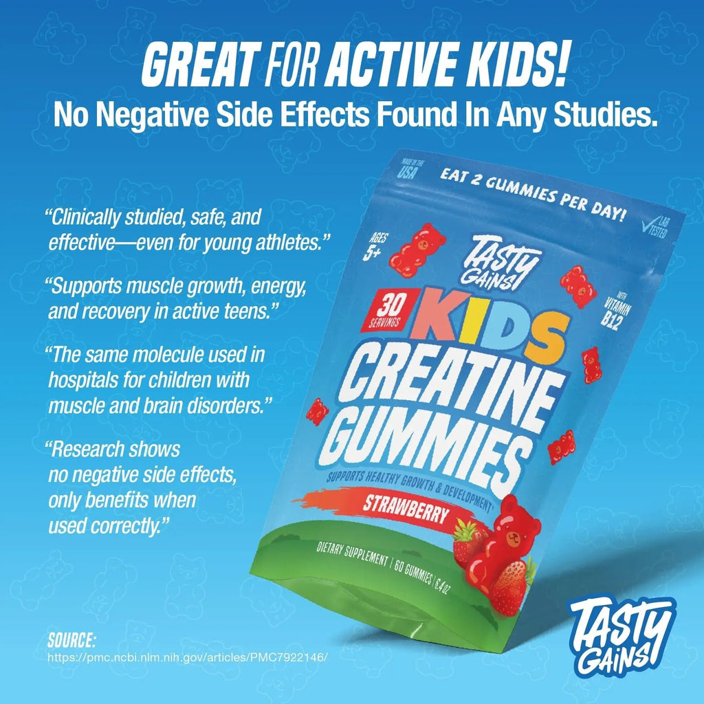TASTY GAINS Kids & Teen Creatine Gummies with Vitamin B12 for Growth Support, Easy Chew Daily Supplement, Gummy Vitamins for Kids and Teens, Ages 5+ - TrustMedUSA