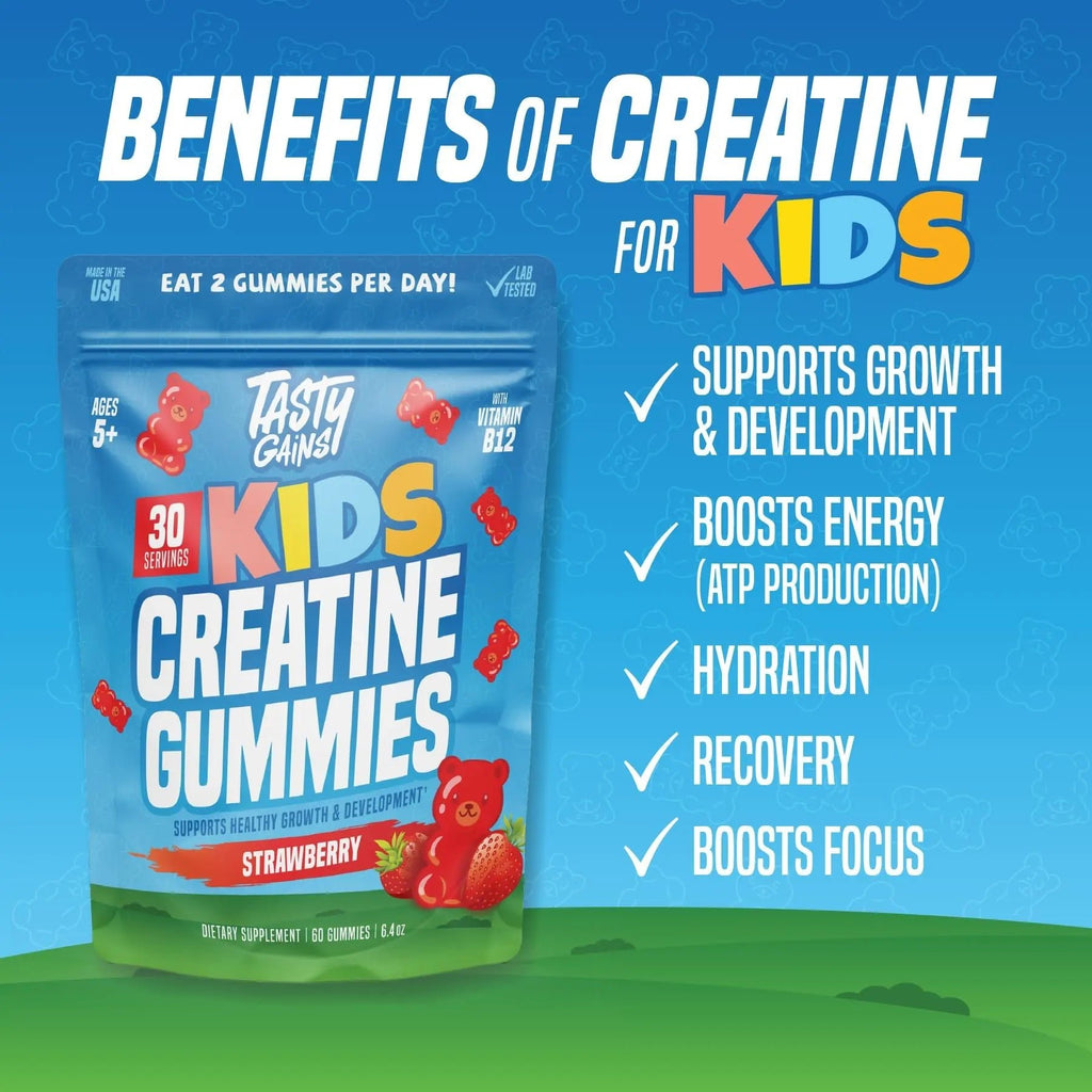 TASTY GAINS Kids & Teen Creatine Gummies with Vitamin B12 for Growth Support, Easy Chew Daily Supplement, Gummy Vitamins for Kids and Teens, Ages 5+ - TrustMedUSA