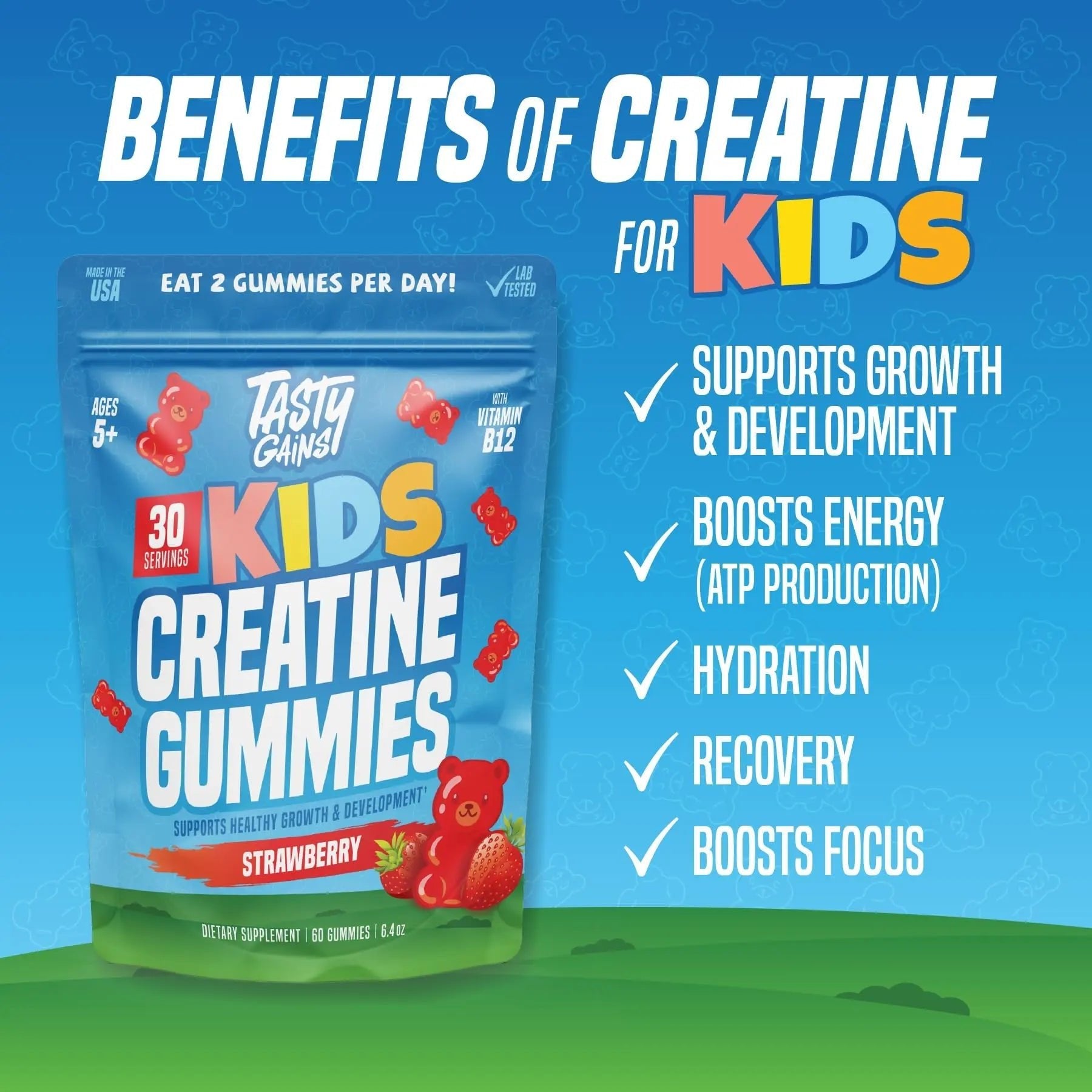 TASTY GAINS Kids & Teen Creatine Gummies with Vitamin B12 for Growth Support, Easy Chew Daily Supplement, Gummy Vitamins for Kids and Teens, Ages 5+ - TrustMedUSA