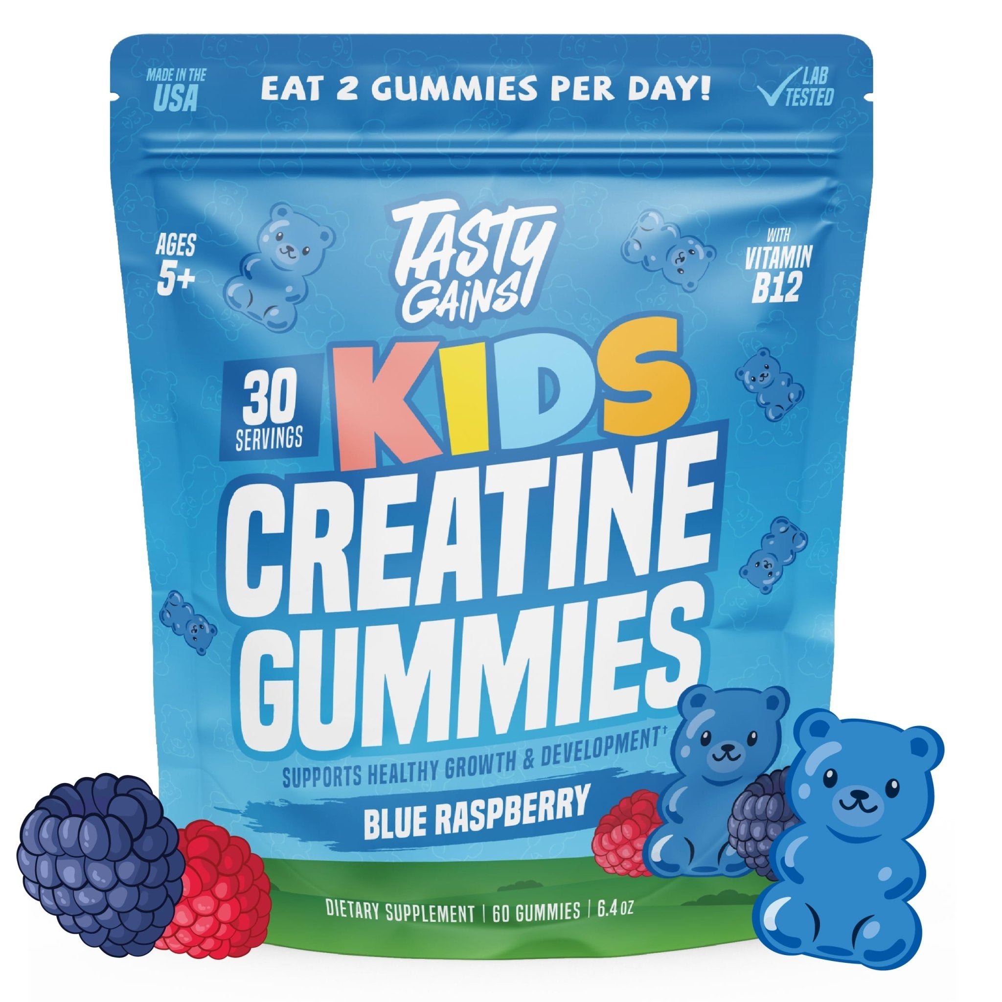 TASTY GAINS Kids & Teen Creatine Gummies with Vitamin B12 for Growth Support, Easy Chew Daily Supplement, Gummy Vitamins for Kids and Teens, Ages 5+ - TrustMedUSA