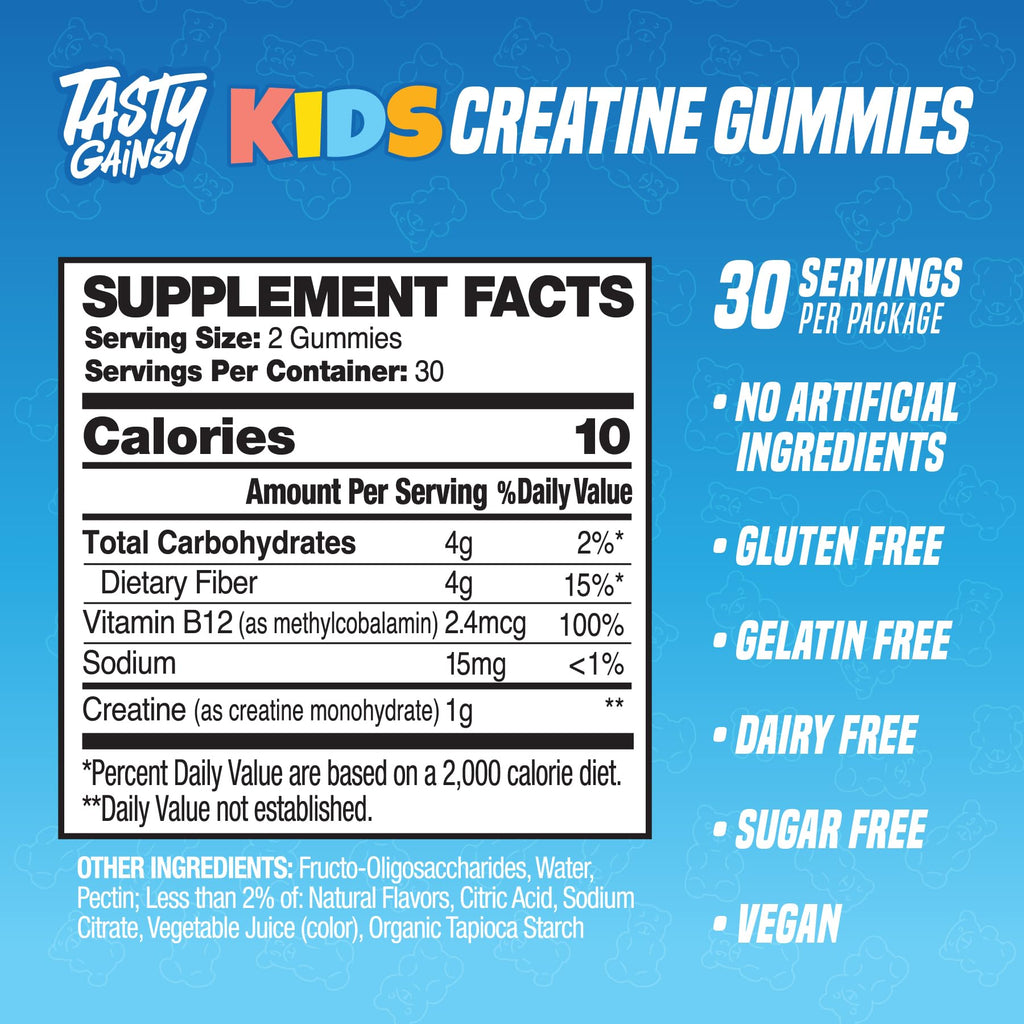 TASTY GAINS Kids & Teen Creatine Gummies with Vitamin B12 for Growth Support, Easy Chew Daily Supplement, Gummy Vitamins for Kids and Teens, Ages 5+ - TrustMedUSA