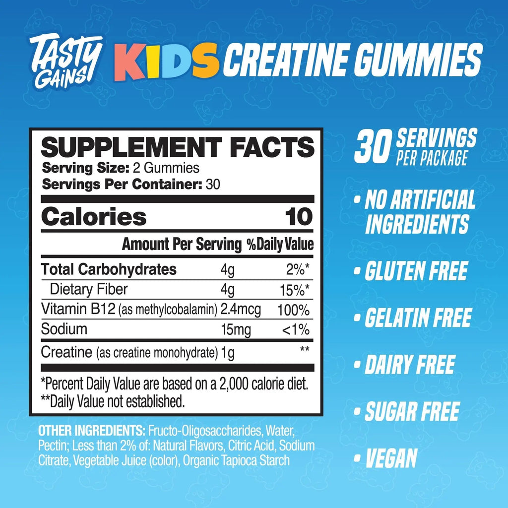 TASTY GAINS Kids & Teen Creatine Gummies with Vitamin B12 for Growth Support, Easy Chew Daily Supplement, Gummy Vitamins for Kids and Teens, Ages 5+ - TrustMedUSA