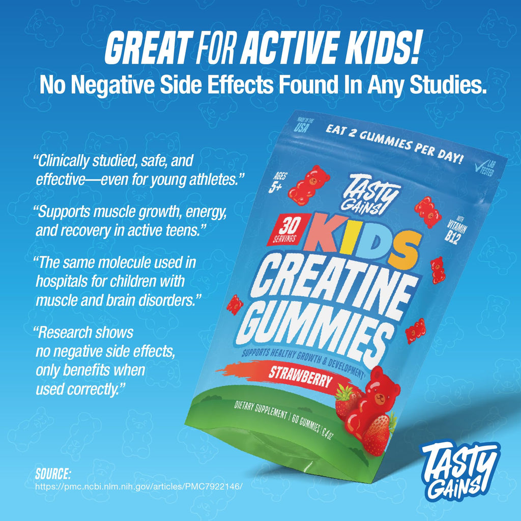 TASTY GAINS Kids & Teen Creatine Gummies with Vitamin B12 for Growth Support, Easy Chew Daily Supplement, Gummy Vitamins for Kids and Teens, Ages 5+ - TrustMedUSA