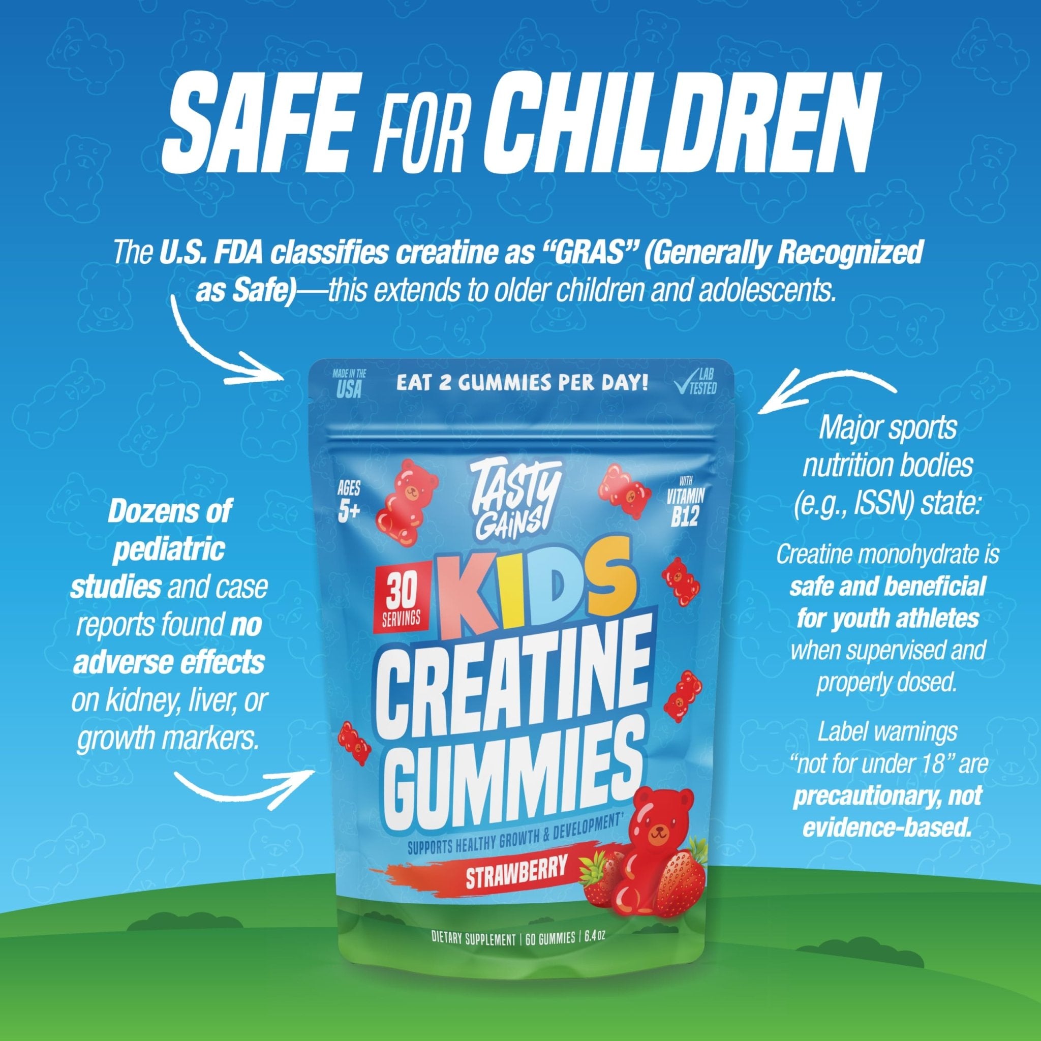 TASTY GAINS Kids & Teen Creatine Gummies with Vitamin B12 for Growth Support, Easy Chew Daily Supplement, Gummy Vitamins for Kids and Teens, Ages 5+ - TrustMedUSA