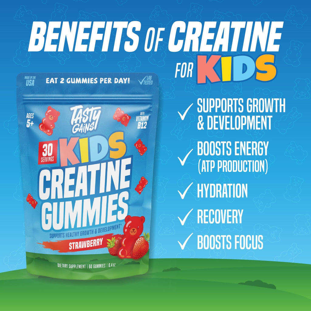 TASTY GAINS Kids & Teen Creatine Gummies with Vitamin B12 for Growth Support, Easy Chew Daily Supplement, Gummy Vitamins for Kids and Teens, Ages 5+ - TrustMedUSA