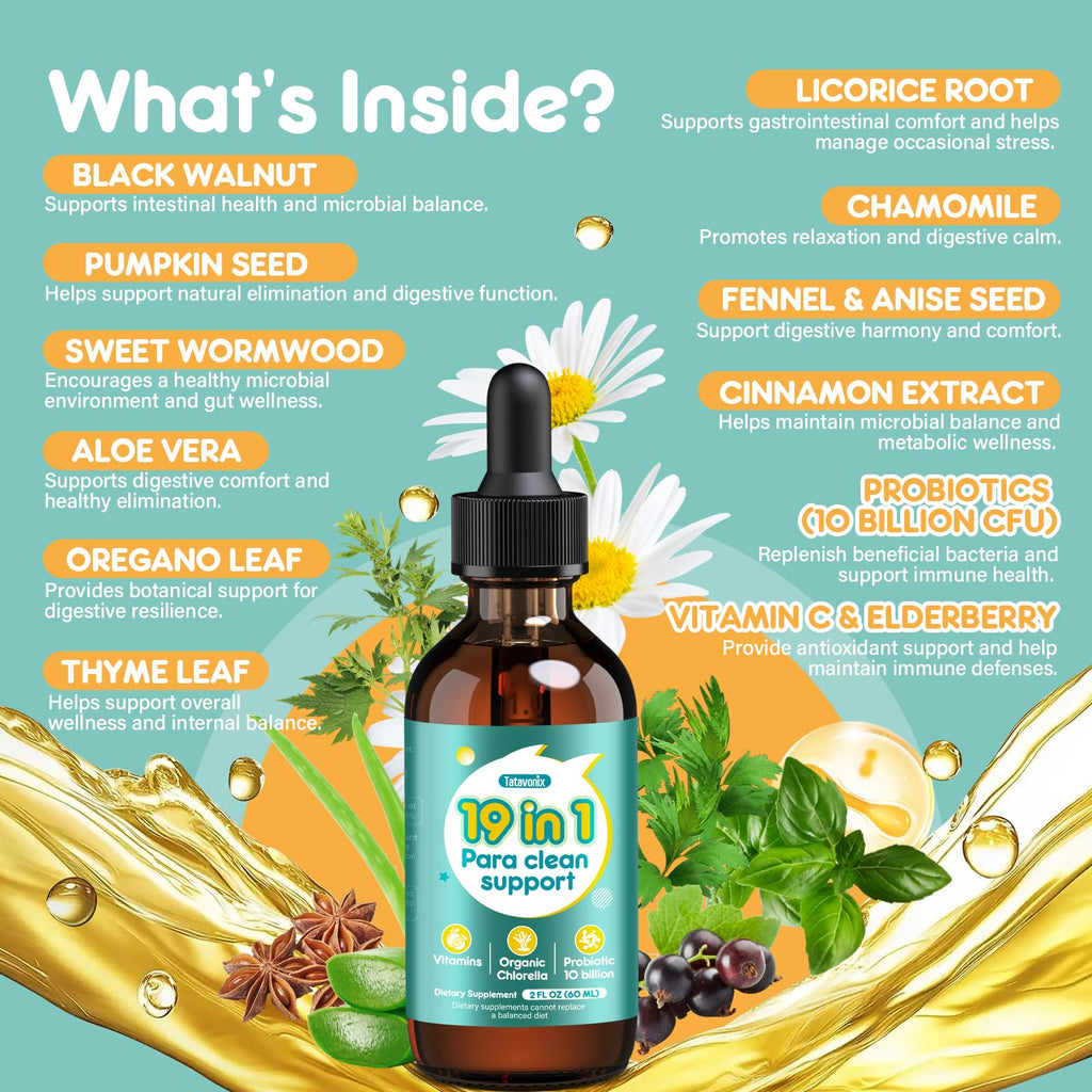 Tatavonix 19 in 1 Herbal Gut Cleanse Drops – Wormwood, Black Walnut, Chlorella 250mg, 10B Probiotics, Clove & Oregano – Liquid Detox Support for Adults & Kids, Alcohol-Free, 4oz - TrustMedUSA