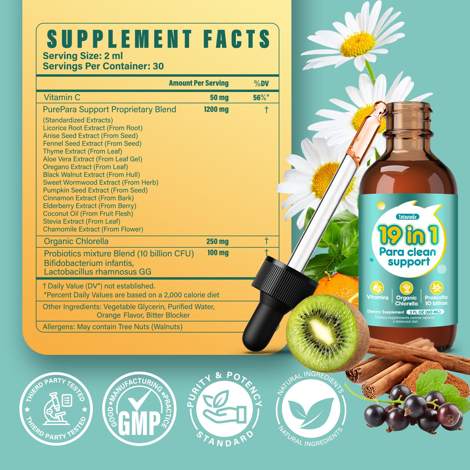 Tatavonix 19 in 1 Herbal Gut Cleanse Drops – Wormwood, Black Walnut, Chlorella 250mg, 10B Probiotics, Clove & Oregano – Liquid Detox Support for Adults & Kids, Alcohol-Free, 4oz - TrustMedUSA