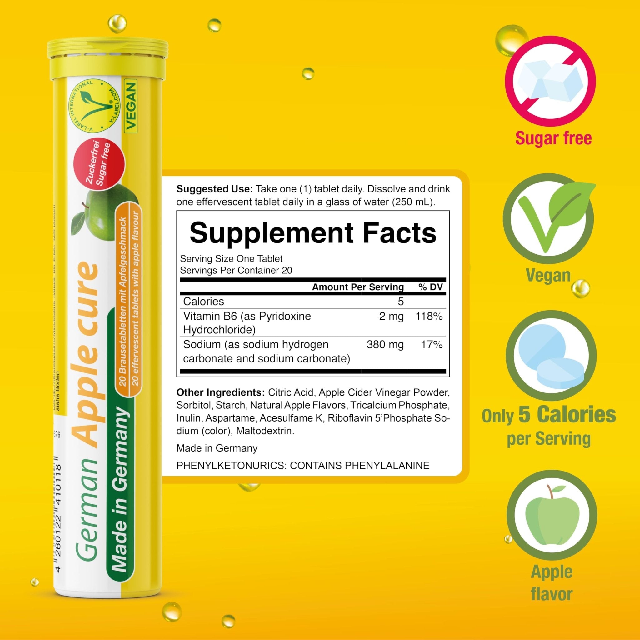 T&D German Apple Cure - 40 Vegan Drink Effervescent Tablets - Apple Flavor - Made in Germany - Maple Wellness Supplements