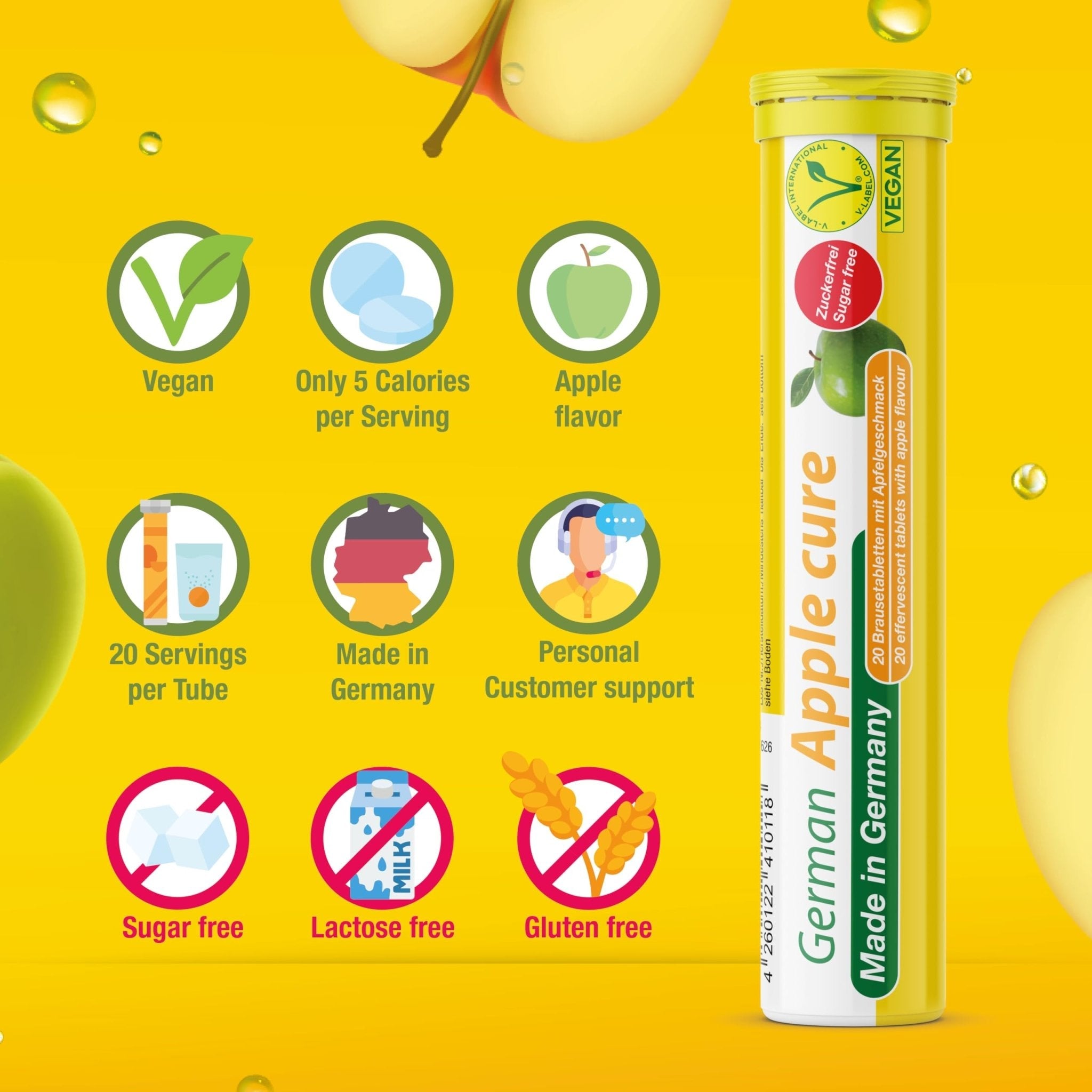 T&D German Apple Cure - 40 Vegan Drink Effervescent Tablets - Apple Flavor - Made in Germany - Maple Wellness Supplements