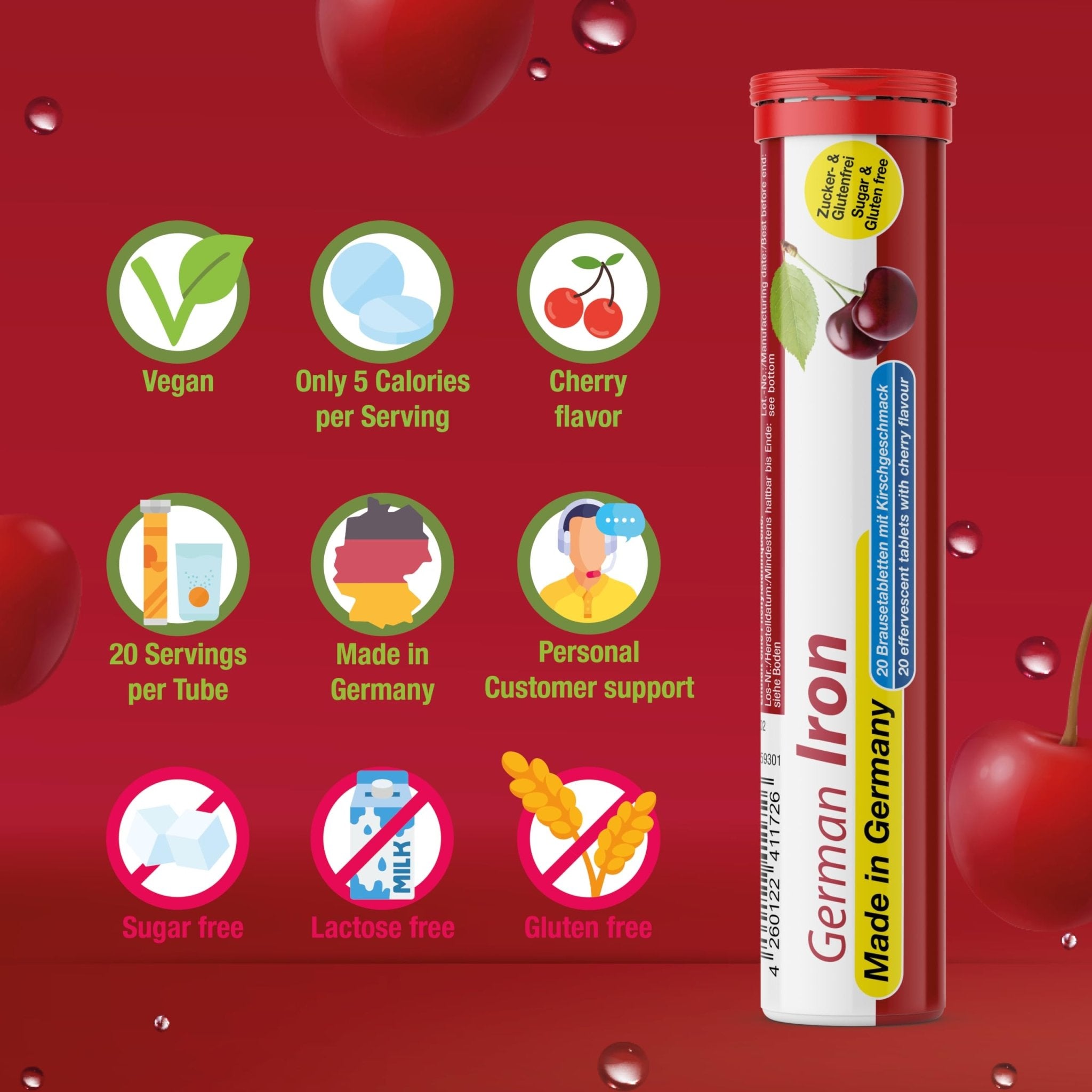 T&D German Iron 14 mg - 60 Vegan Drink Effervescent Tablets - Cherry Flavor - Made in Germany - Maple Wellness Supplements