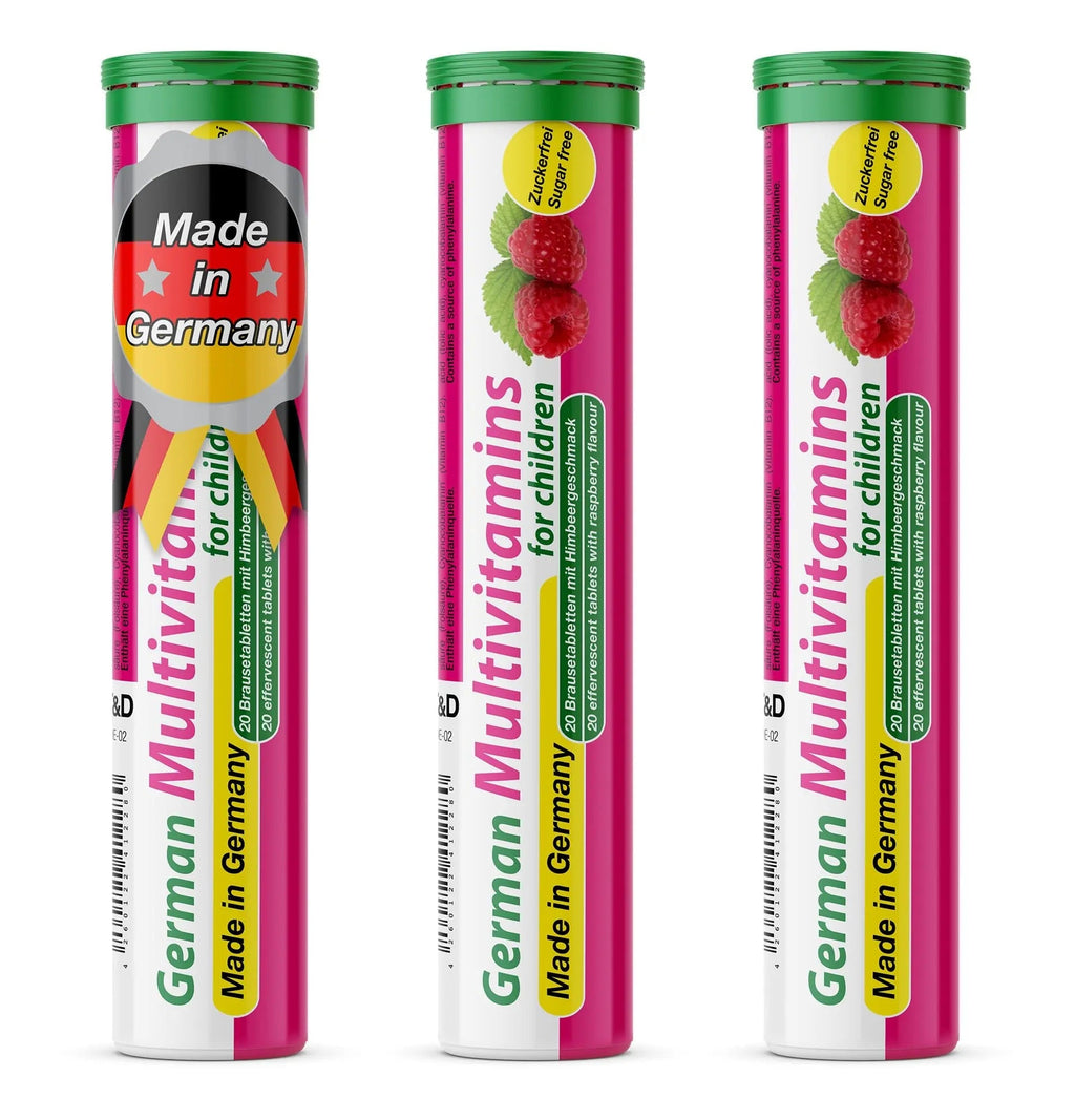 T&D German Multivitamin for Children 60 Drink Effervescent Tablets - Sweet Raspberry Flavour, Sugar Free, Vegan - Vitamin C, E, B1, B2, B6, B12 - TrustMedUSA